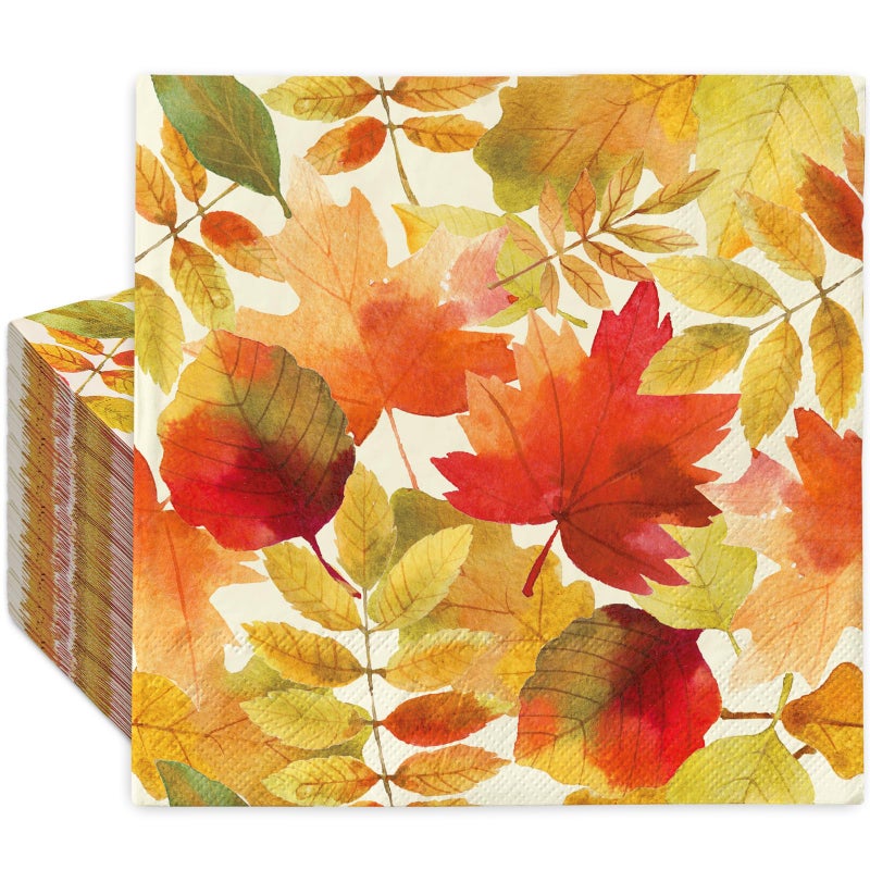 JarThenaAMCS 100 Pcs Fall Leaves Paper Napkins Autumn Maple Leaf Disposable Napkins Watercolor Luncheon Dinner Napkin for Thanksgiving Wedding Birthday Party Table Supplies - Image 1